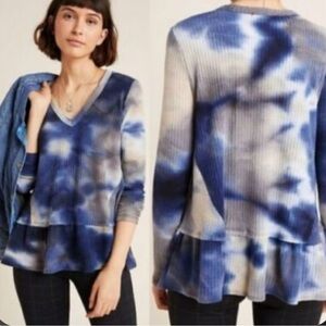 Anthropologie eri + ali Tallie Blue Tie Dye Waffle Thermal Knit Peplum Top-Large